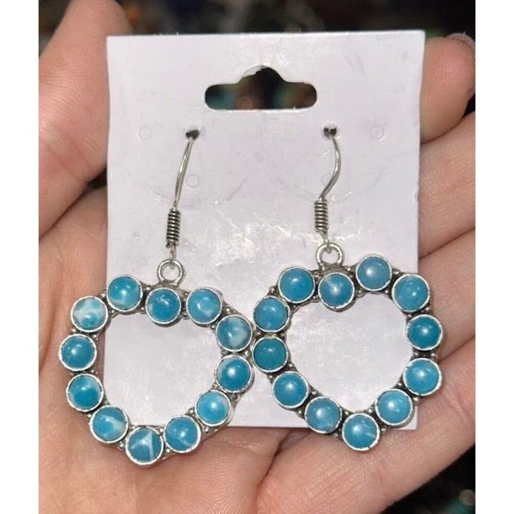 New Blue Larimar Heart Sterling Overlay Dangle Earrings 2"